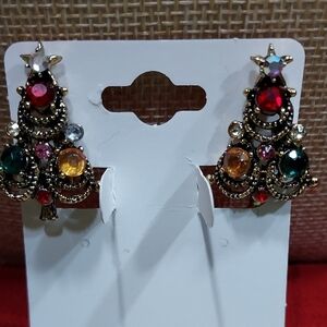 Signed "Pakula" Multicolor Christmas Tree Earrings Clip On